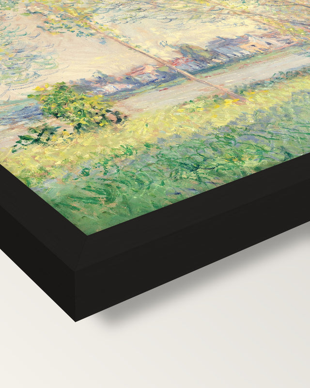 The Willows by Claude Monet framed print, corner close-up: black moulding, mitred, the print set just below its edge