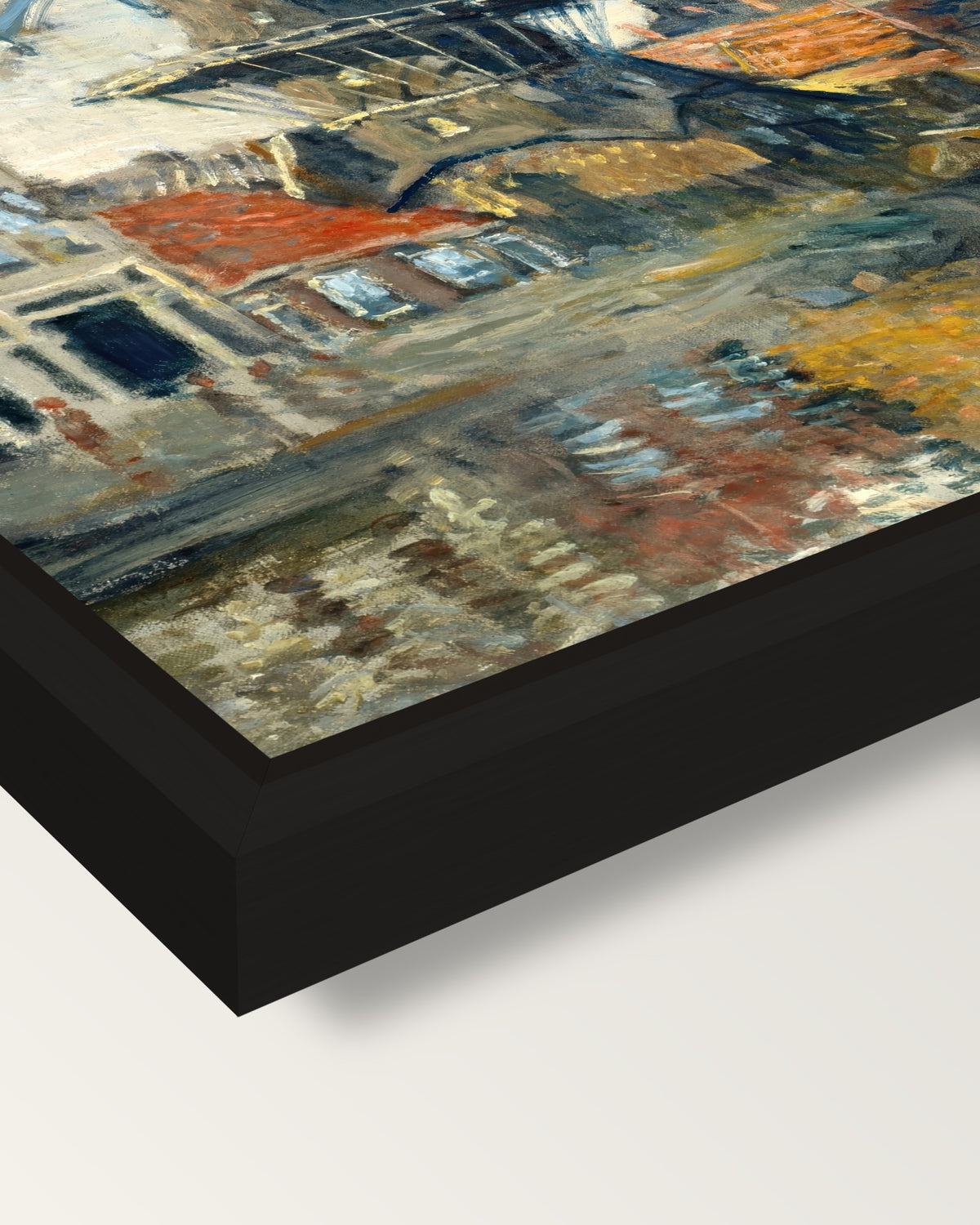 Windmill, Amsterdam by Claude Monet framed canvas, corner close-up: a black floating frame with a shadow gap round the canvas
