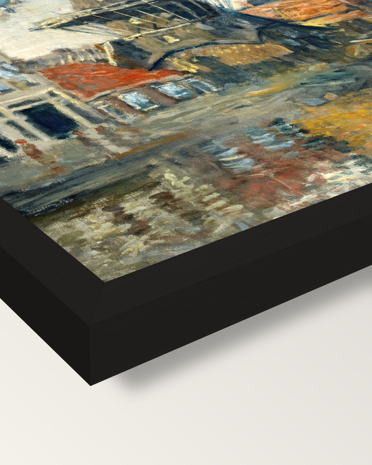 Windmill, Amsterdam by Claude Monet framed print, corner close-up: black moulding, mitred, the print set just below its edge
