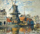 The Windmill on the Onbekende Gracht by Claude Monet: a dark windmill above boats and houses on an Amsterdam canal