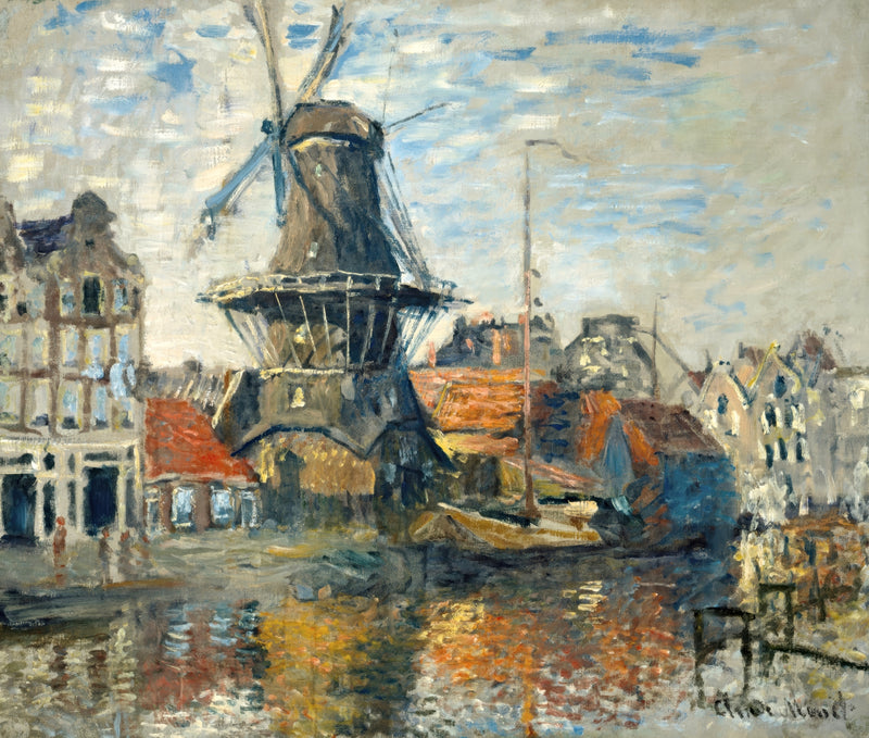The Windmill on the Onbekende Gracht by Claude Monet: a dark windmill above boats and houses on an Amsterdam canal