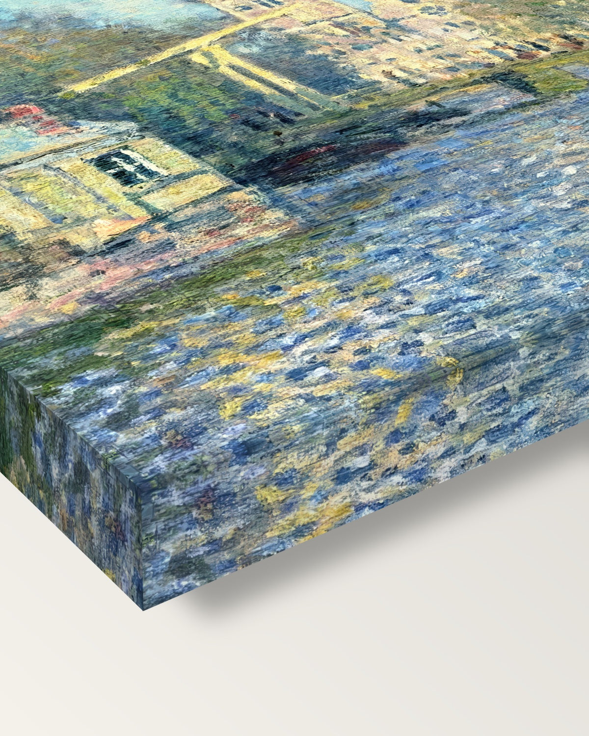 The Zuiderkerk, Amsterdam by Claude Monet on stretched canvas, corner close-up: the painting mirror-wrapped round the sides