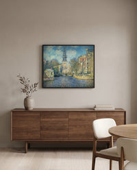 The Zuiderkerk, Amsterdam by Claude Monet in a black frame above a walnut sideboard in a dining room