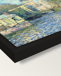 The Zuiderkerk, Amsterdam by Monet framed canvas, corner close-up: a black floating frame with a shadow gap round the canvas
