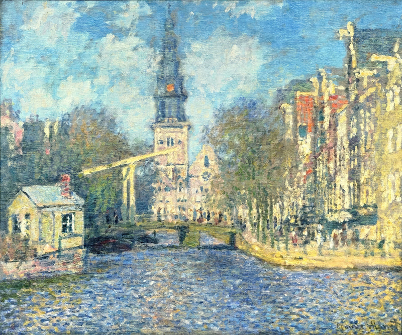 The Zuiderkerk by Claude Monet: a tall church spire over a canal lined with tall houses, a small bridge and blue water
