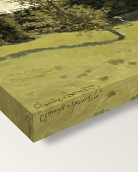 Train in the Countryside by Claude Monet on stretched canvas, corner close-up: the painting mirror-wrapped round the sides