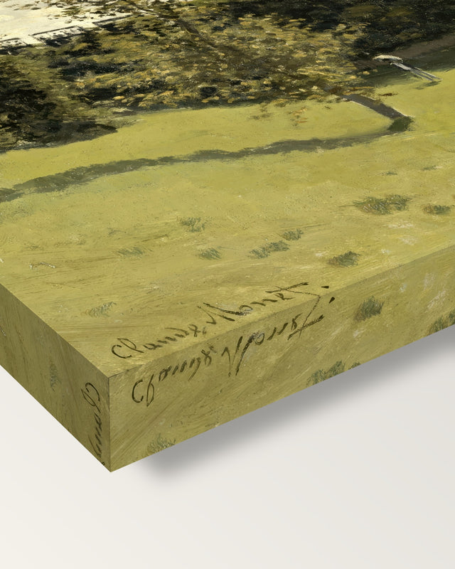 Train in the Countryside by Claude Monet on stretched canvas, corner close-up: the painting mirror-wrapped round the sides