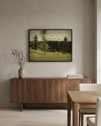 Train in the Countryside by Claude Monet in a black frame above a walnut sideboard in a dining room
