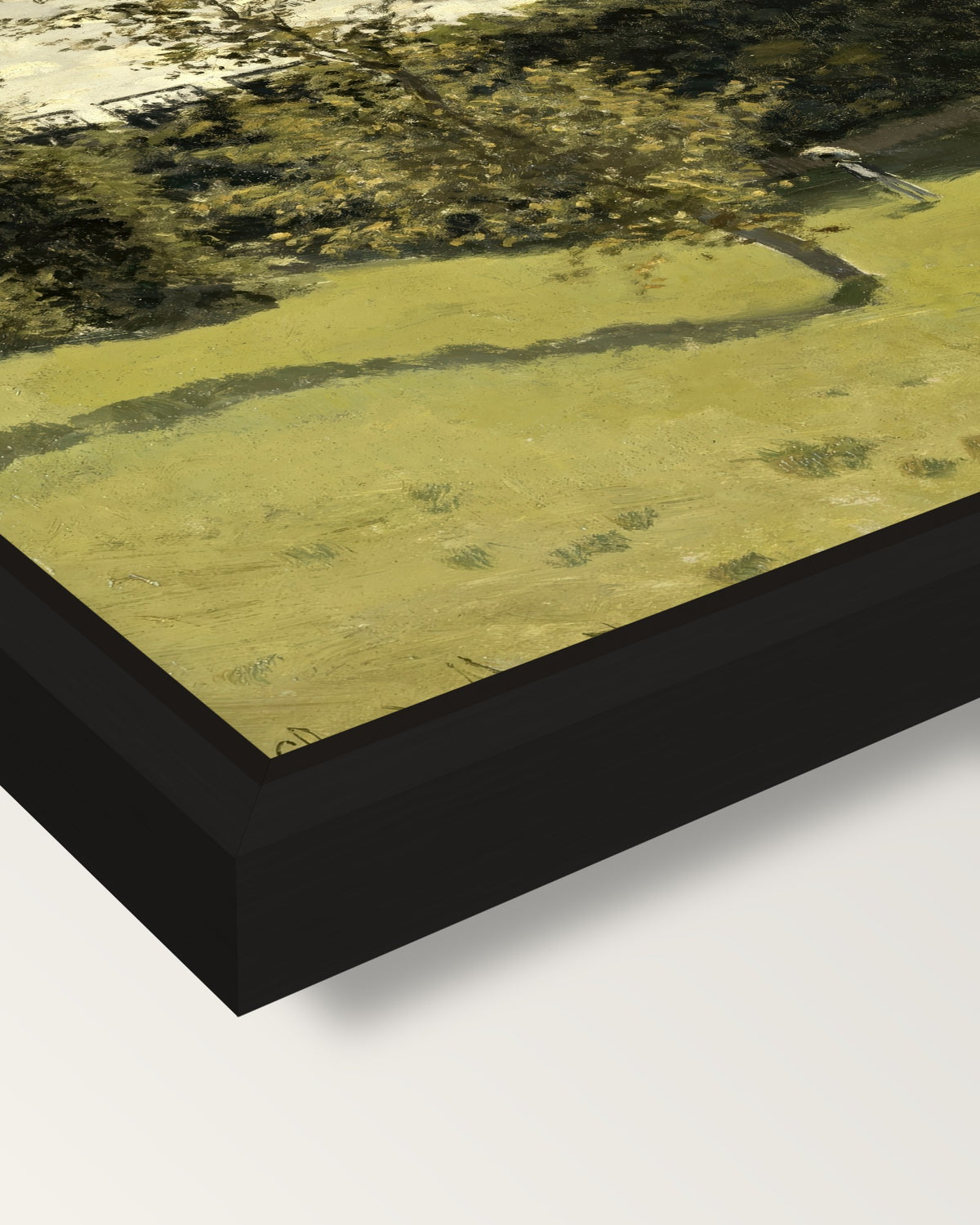 Train in the Countryside by Monet framed canvas, corner close-up: a black floating frame with a shadow gap round the canvas