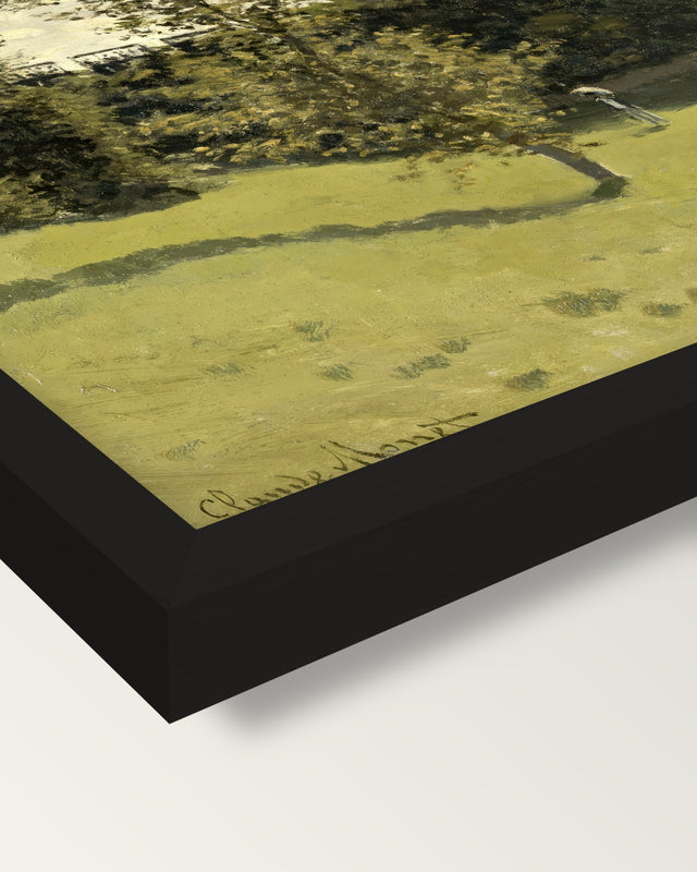 Train in the Countryside by Monet framed print, corner close-up: black moulding, mitred, the print set just below its edge