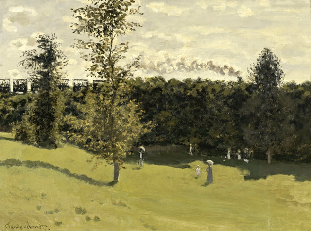 Train in the Countryside by Claude Monet: a green summer meadow with strollers, trees and a train’s smoke behind them