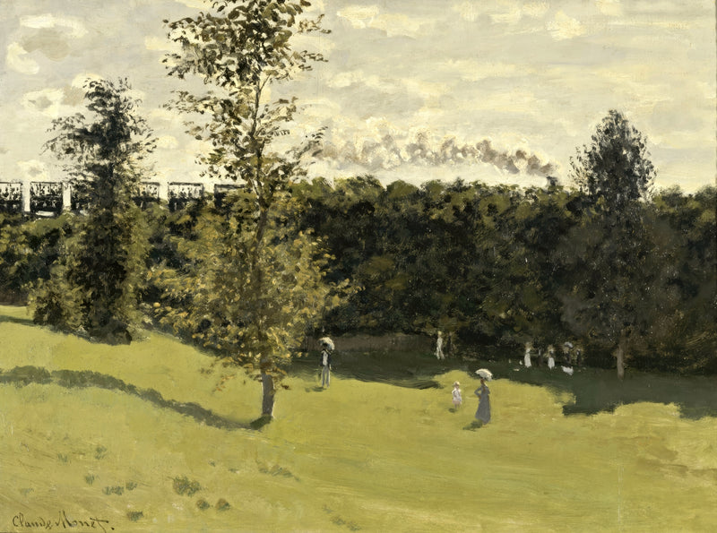 Train in the Countryside by Claude Monet: a green summer meadow with strollers, trees and a train’s smoke behind them
