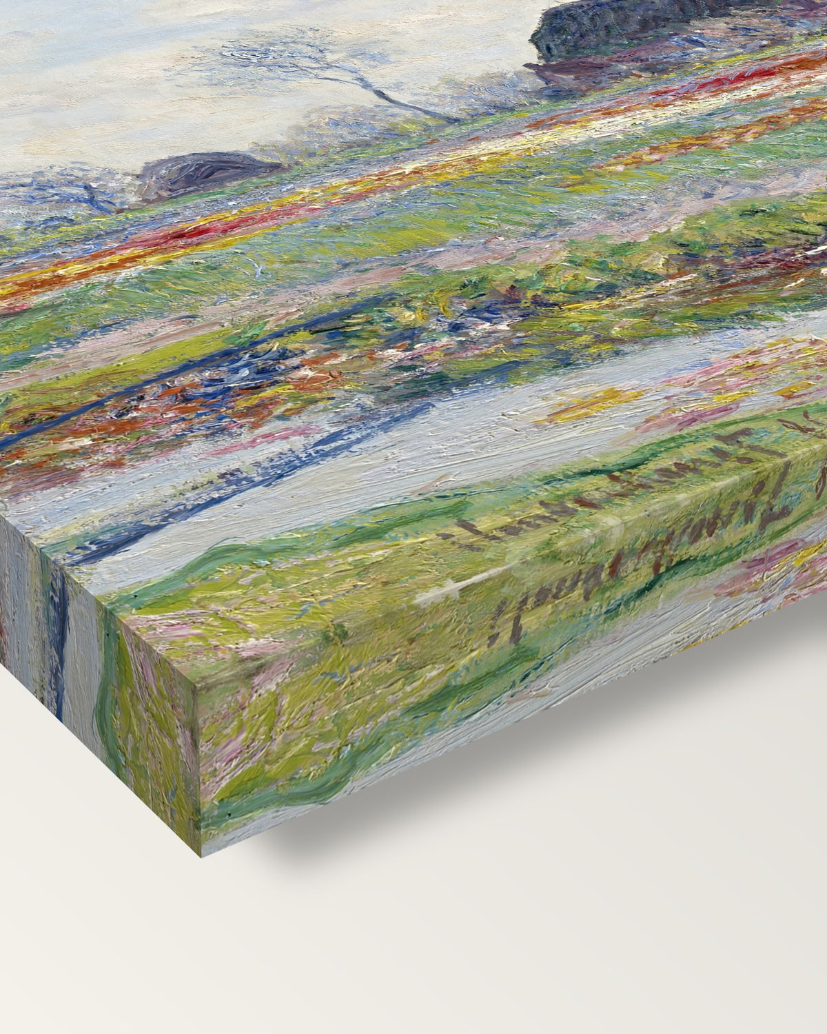 Tulip Fields at Sassenheim by Claude Monet on stretched canvas, corner close-up: the painting mirror-wrapped round the sides