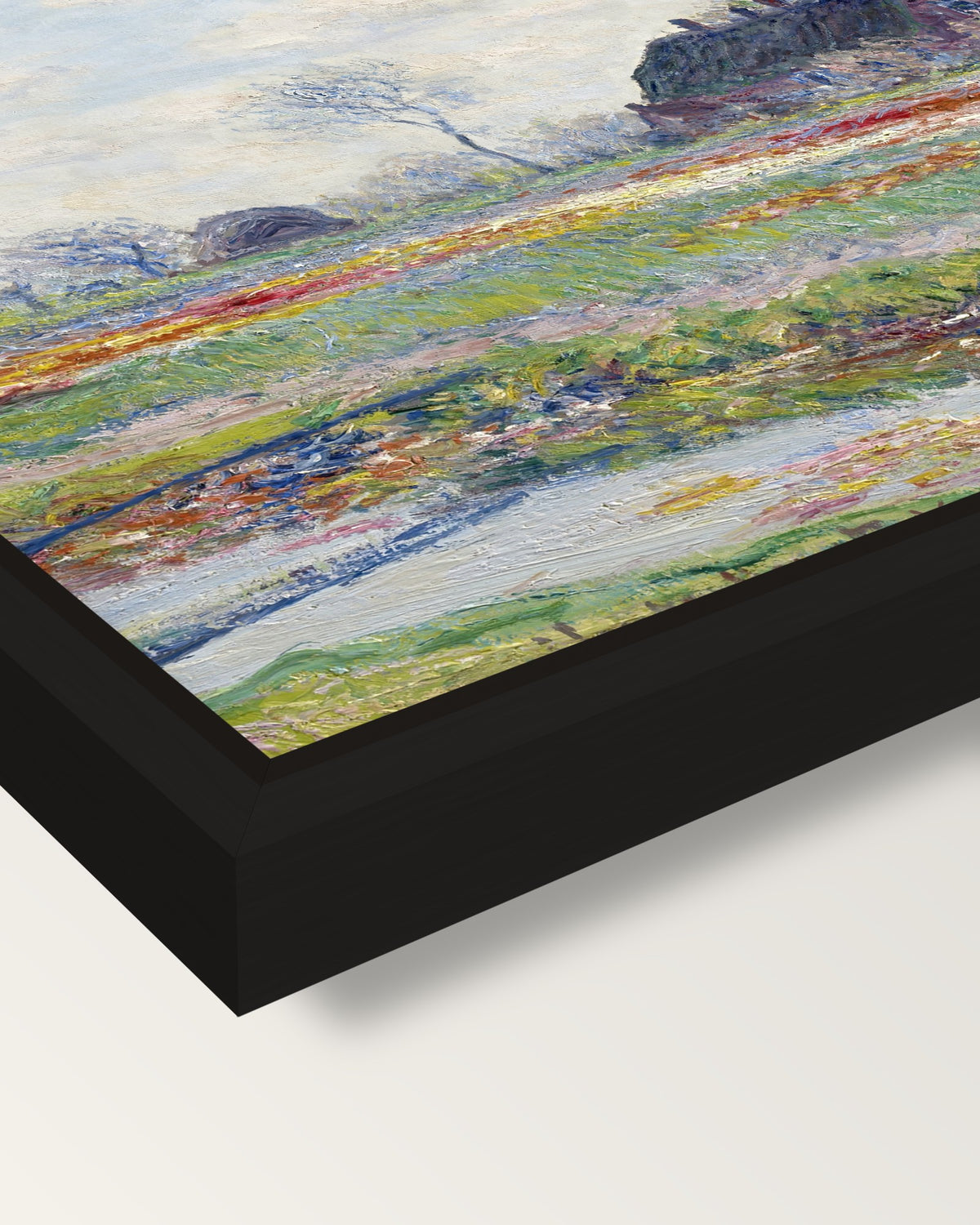 Tulip Fields at Sassenheim by Monet framed canvas, corner close-up: a black floating frame with a shadow gap round the canvas
