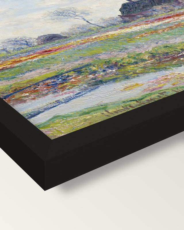 Tulip Fields at Sassenheim by Monet framed print, corner close-up: black moulding, mitred, the print set just below its edge