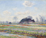 Tulip Fields at Sassenheim by Claude Monet: rows of red, yellow and violet tulips before a thatched farmhouse