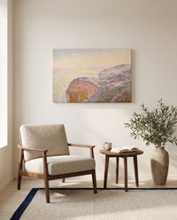 Val-Saint-Nicolas, Morning by Claude Monet as a stretched canvas above a linen lounge chair in a reading corner
