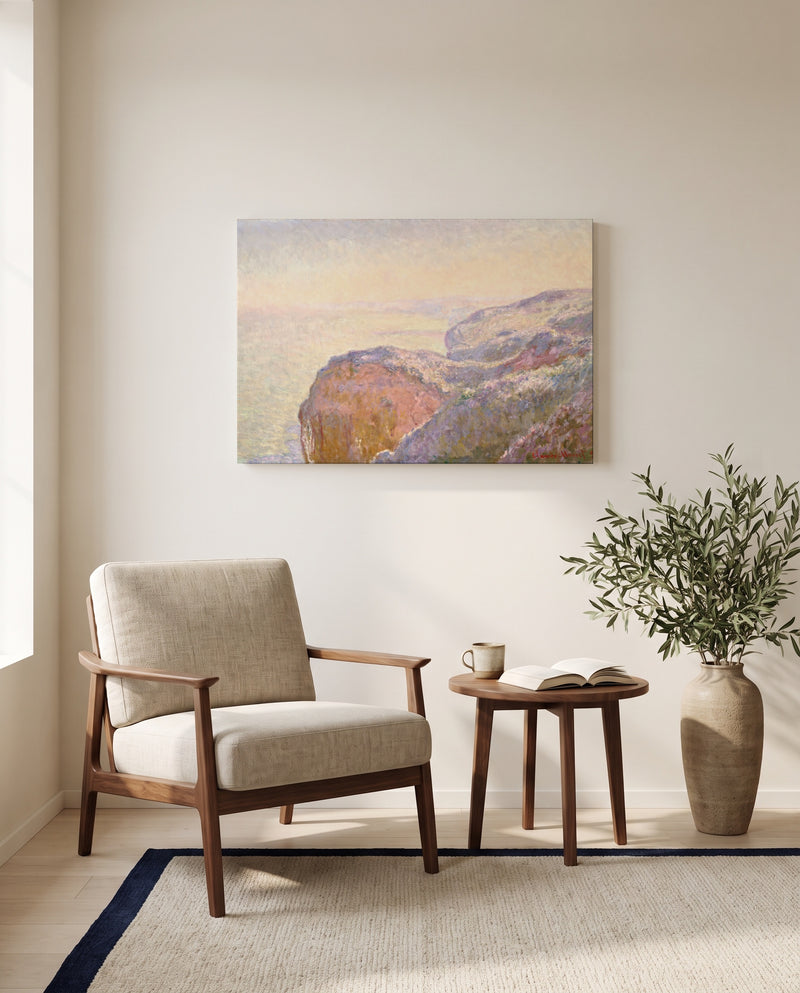 Val-Saint-Nicolas, Morning by Claude Monet as a stretched canvas above a linen lounge chair in a reading corner