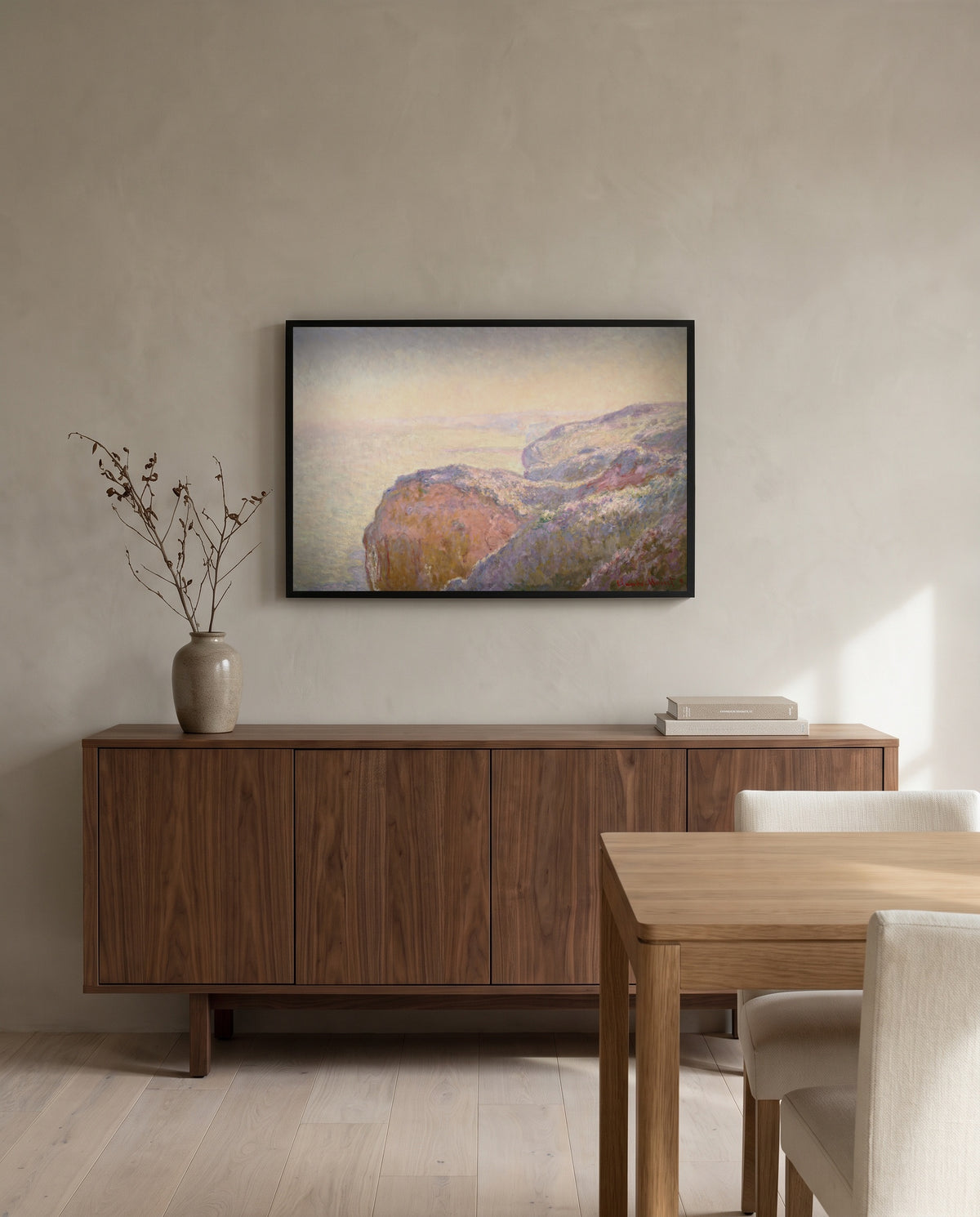 Val-Saint-Nicolas, Morning by Claude Monet in a black frame above a walnut sideboard in a dining room