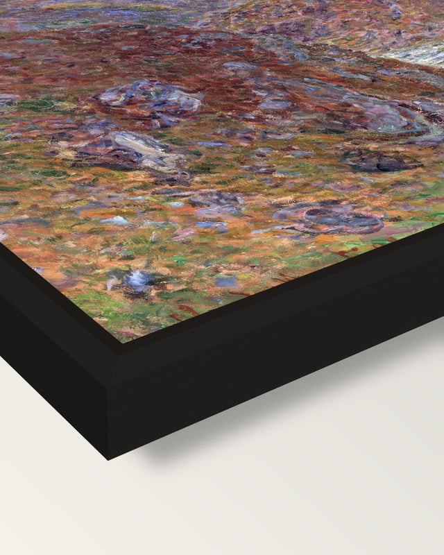 Valley of the Creuse by Monet framed canvas, corner close-up: a black floating frame with a shadow gap round the canvas
