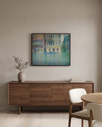 Palazzo Dario by Claude Monet in a black frame above a walnut sideboard in a dining room