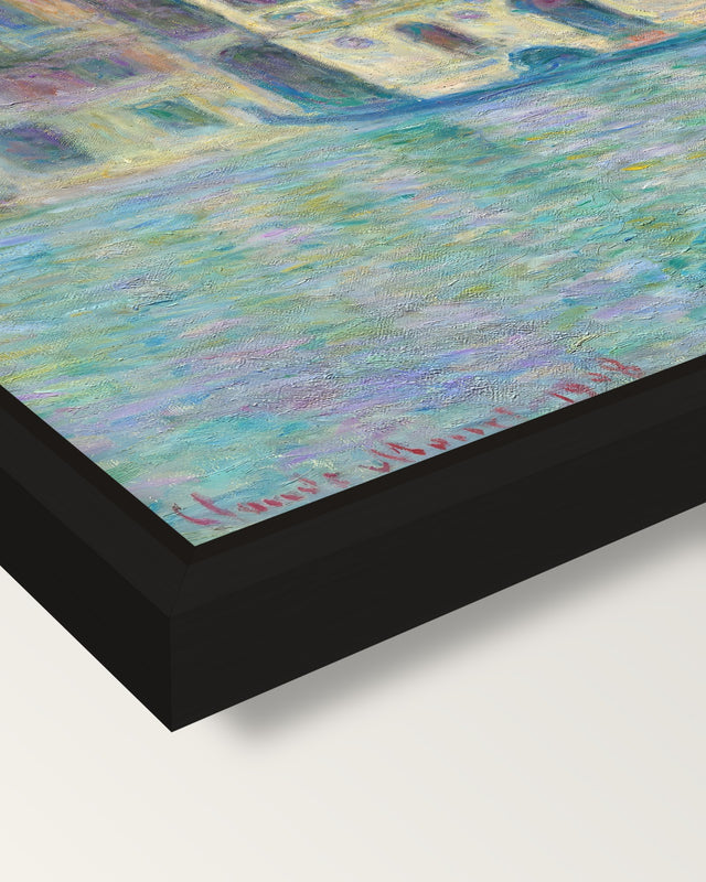 Palazzo Dario by Claude Monet framed canvas, corner close-up: a black floating frame with a shadow gap round the canvas