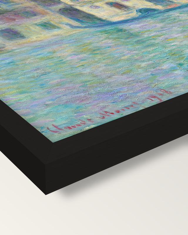 Palazzo Dario by Claude Monet framed print, corner close-up: black moulding, mitred, the print set just below its edge