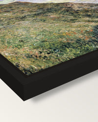 View over the Sea by Claude Monet framed canvas, corner close-up: a black floating frame with a shadow gap round the canvas