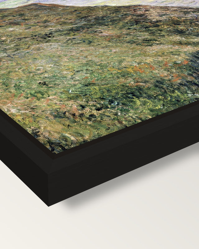View over the Sea by Claude Monet framed canvas, corner close-up: a black floating frame with a shadow gap round the canvas