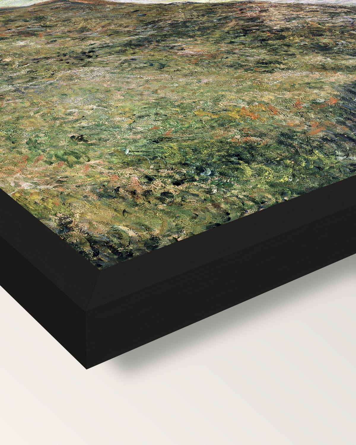 View over the Sea by Claude Monet framed print, corner close-up: black moulding, mitred, the print set just below its edge