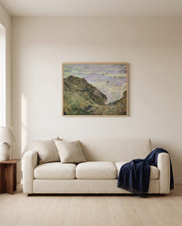 View over the Sea by Claude Monet framed in natural oak above a cream sofa in a warm living room