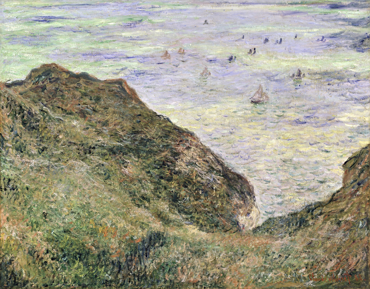 View over the Sea by Claude Monet: grassy cliff slopes dropping steeply to a wide grey-blue sea with small sails