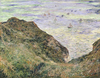 View over the Sea by Claude Monet: grassy cliff slopes dropping steeply to a wide grey-blue sea with small sails