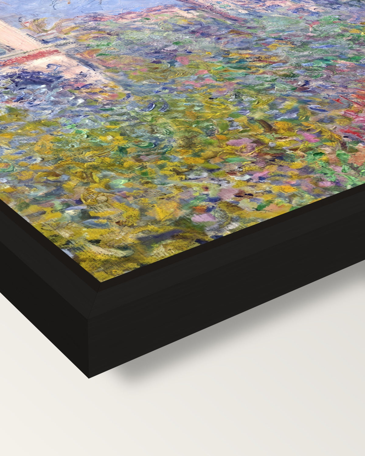 Villas at Bordighera by Monet framed canvas, corner close-up: a black floating frame with a shadow gap round the canvas