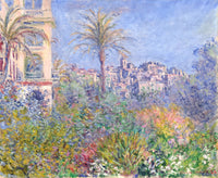 Villas at Bordighera by Claude Monet: a palm tree and flowering garden before pale villas and a bell tower, blue sky