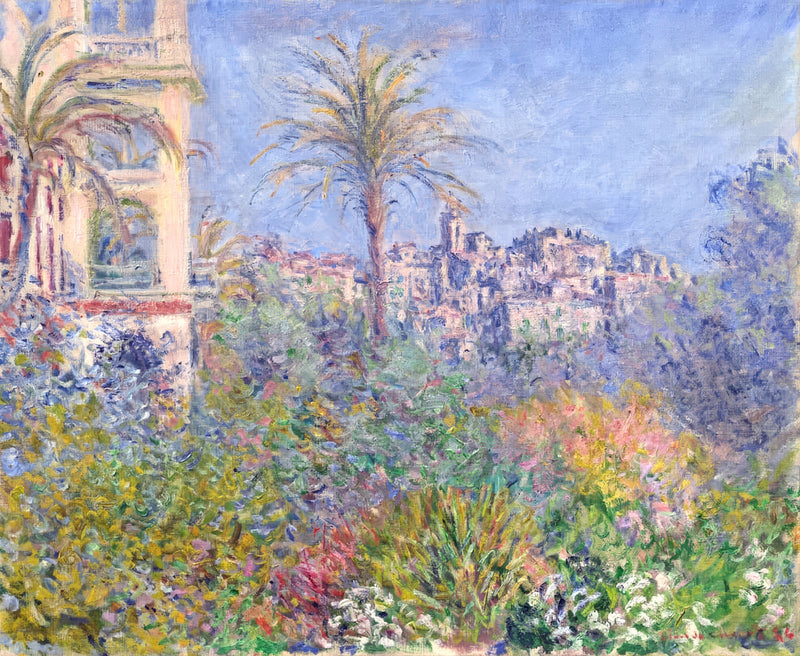 Villas at Bordighera by Claude Monet: a palm tree and flowering garden before pale villas and a bell tower, blue sky