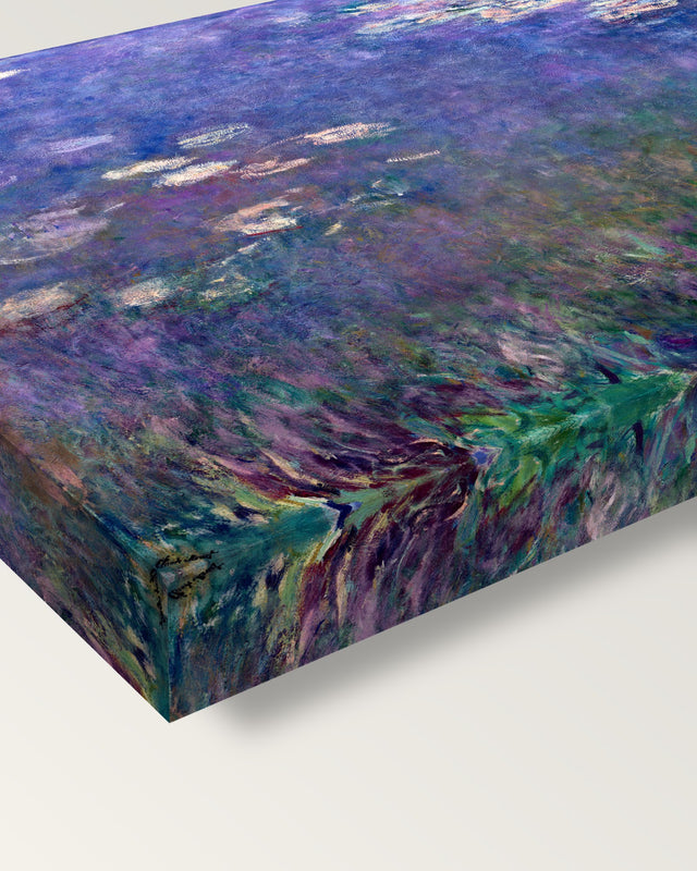 Water Lilies (Agapanthus) by Claude Monet on stretched canvas, corner close-up: the painting mirror-wrapped round the sides