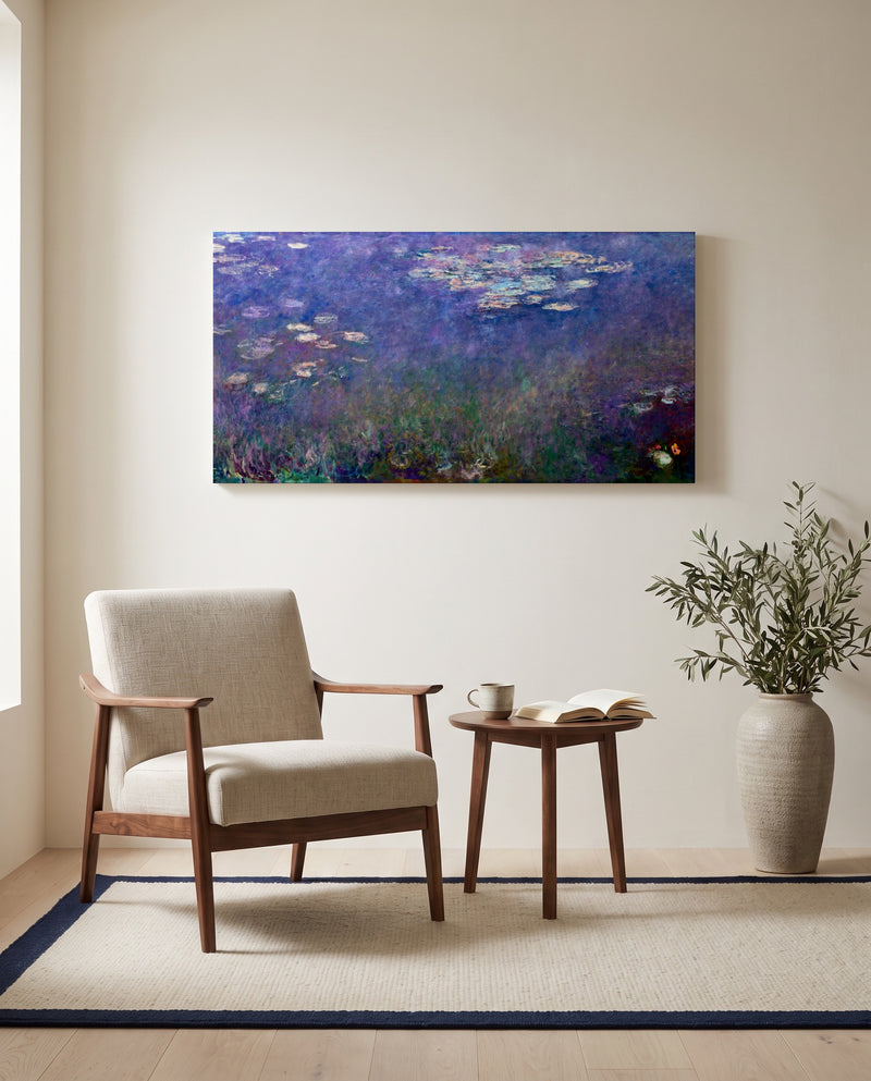 Water Lilies (Agapanthus) by Claude Monet as a stretched canvas above a linen lounge chair in a reading corner