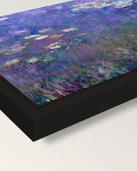 Water Lilies (Agapanthus) by Monet framed canvas, corner close-up: a black floating frame with a shadow gap round the canvas