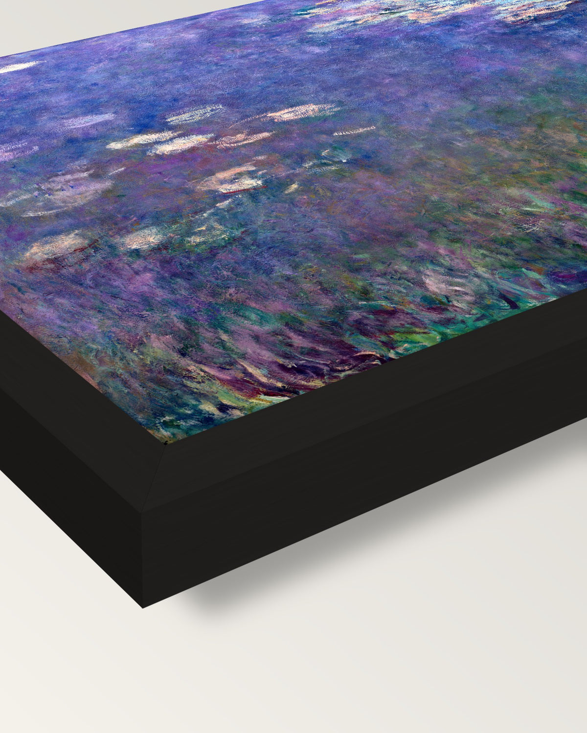 Water Lilies (Agapanthus) by Monet framed print, corner close-up: black moulding, mitred, the print set just below its edge