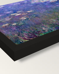 Water Lilies (Agapanthus) by Monet framed print, corner close-up: black moulding, mitred, the print set just below its edge