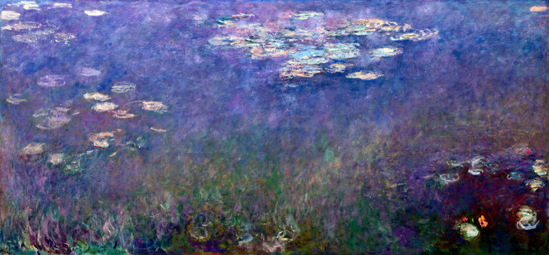 Water Lilies (Agapanthus) by Claude Monet: a wide panel of violet water with clusters of pale lilies