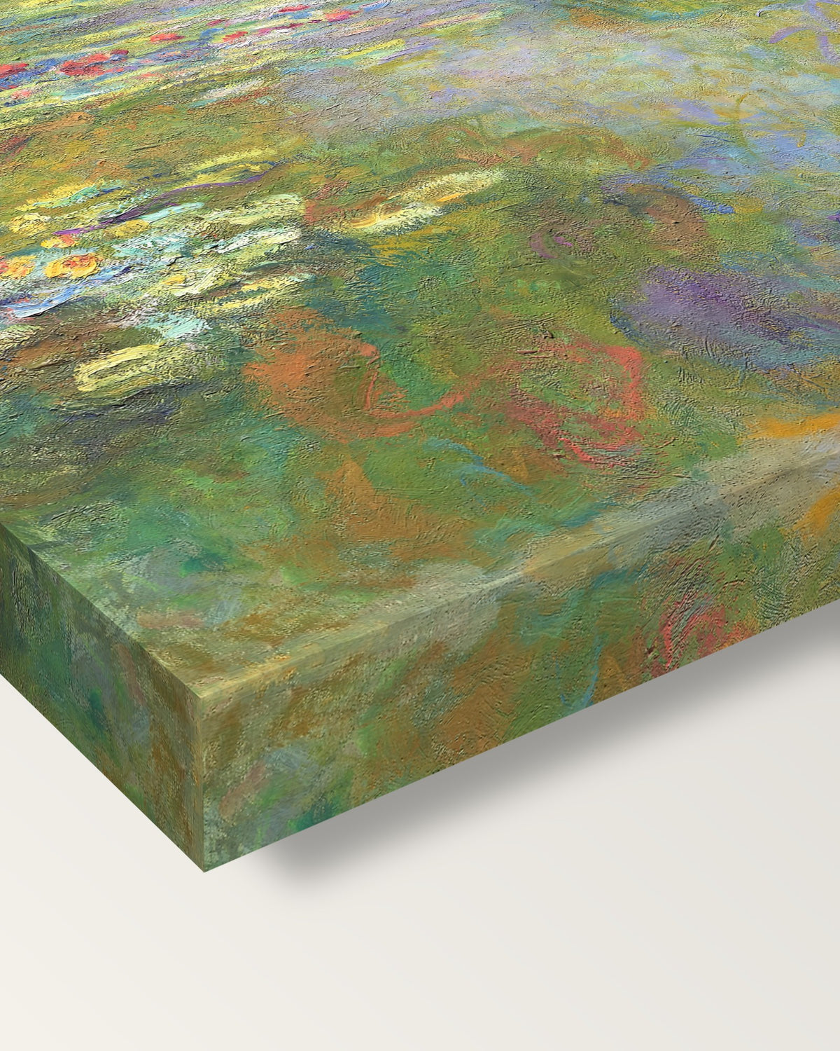 Water Lily Pond, 1917–19 by Claude Monet on stretched canvas, corner close-up: the painting mirror-wrapped round the sides