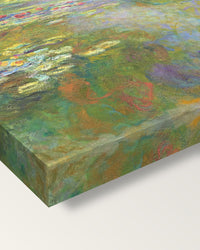 Water Lily Pond, 1917–19 by Claude Monet on stretched canvas, corner close-up: the painting mirror-wrapped round the sides
