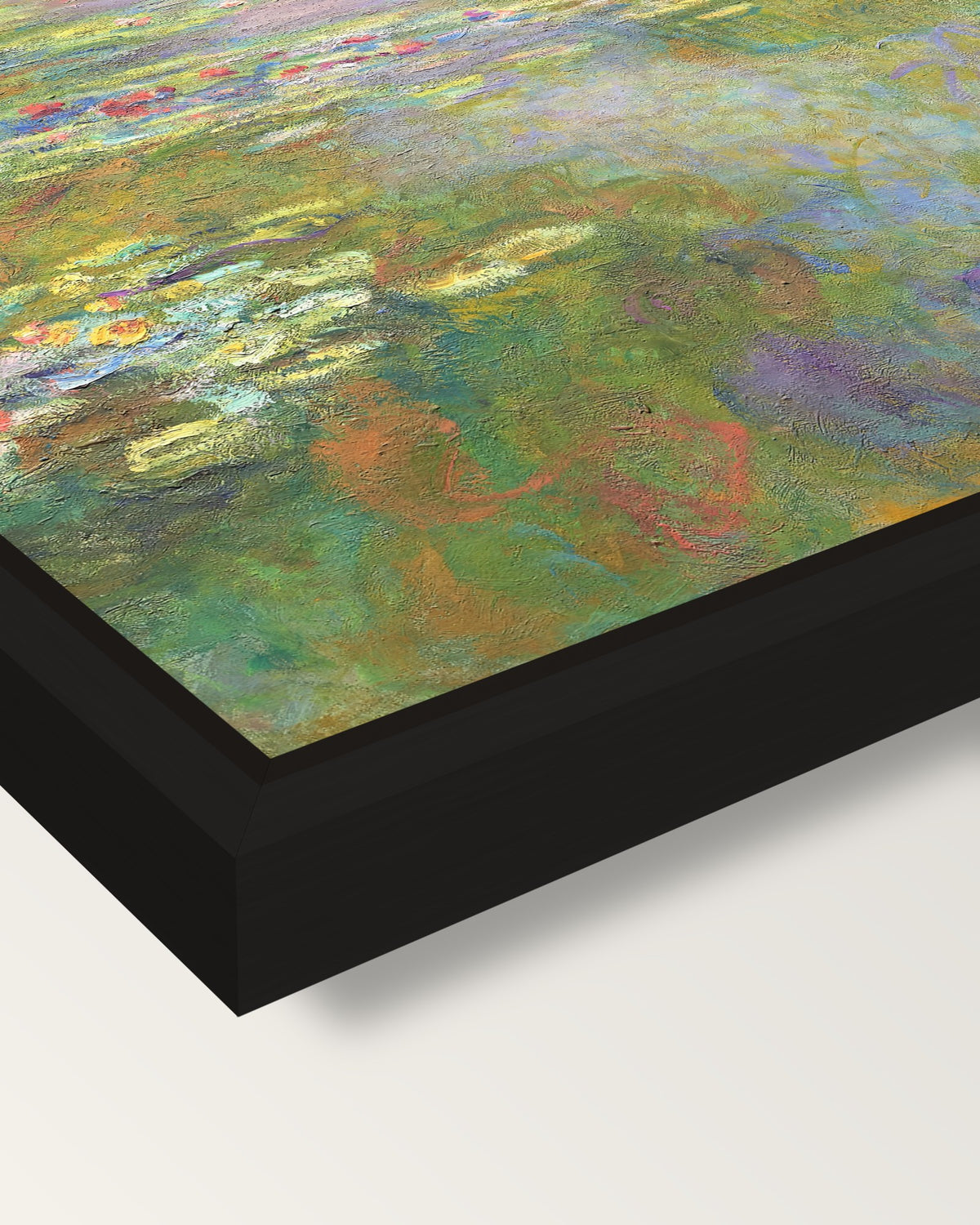 Water Lily Pond, 1917–19 by Monet framed canvas, corner close-up: a black floating frame with a shadow gap round the canvas