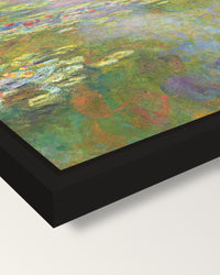 Water Lily Pond, 1917–19 by Monet framed canvas, corner close-up: a black floating frame with a shadow gap round the canvas