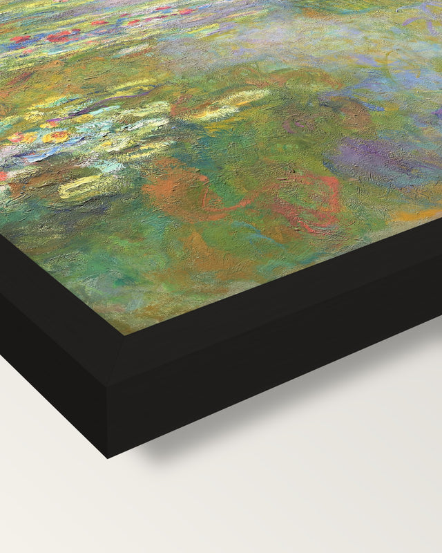Water Lily Pond, 1917–19 by Monet framed print, corner close-up: black moulding, mitred, the print set just below its edge