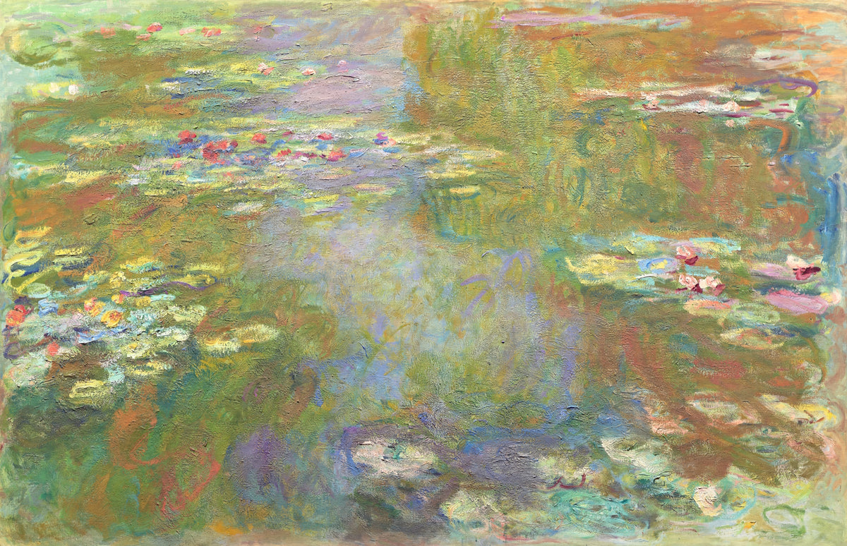 Water Lily Pond by Claude Monet: a wide pond of green lily pads and pink flowers with blue reflections and soft green shadows