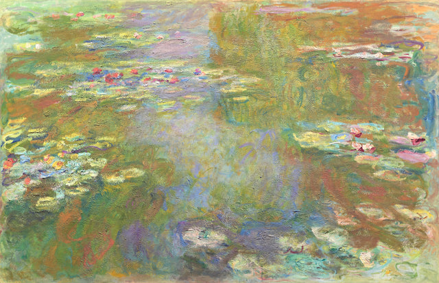 Water Lily Pond by Claude Monet: a wide pond of green lily pads and pink flowers with blue reflections and soft green shadows
