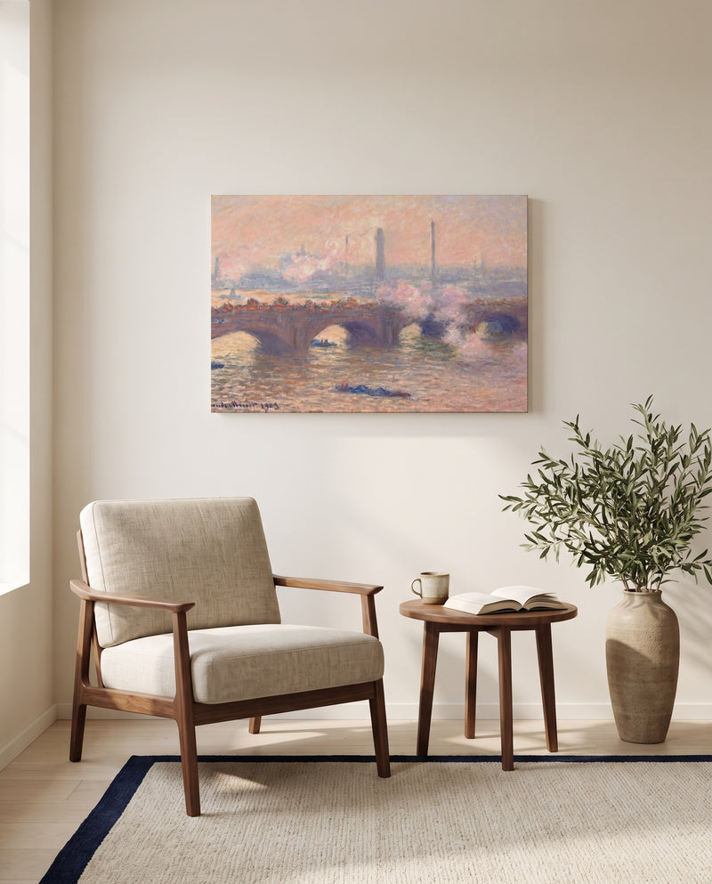 Waterloo Bridge, Gray Day by Claude Monet as a stretched canvas above a linen lounge chair in a reading corner